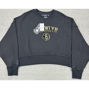 Brooklyn Nets Sweatshirt Womens XS Black NBA Basketball Cropped Crewneck Gold